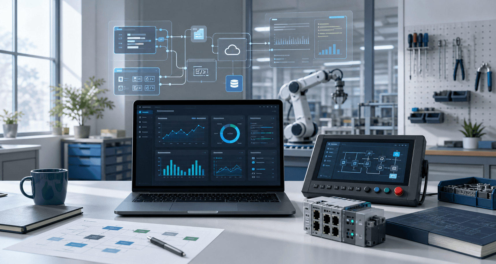 Software automation workspace with dashboards and manufacturing equipment